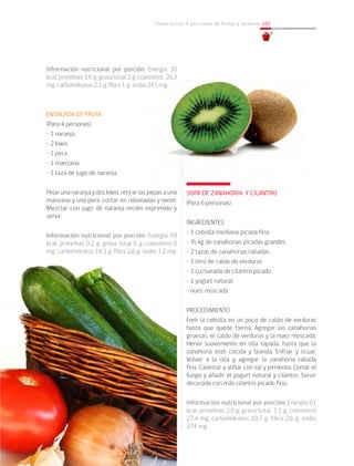 Cómo incluir 5 porciones de frutas y verduras 101
Información nutricional por porción: Energía 30
kcal; proteínas 1,6 g; grasa total 2 g; colesterol 26,3
mg; carbohidratos 2,1 g; fibra 1 g; sodio 241 mg.
ENSALADA DE FRUTA
(Para 4 personas)
• 1 naranja
• 2 kiwis
• 1 pera
• 1 manzana
• 1 taza de jugo de naranja
Pelar una naranja y dos kiwis, retirar las pepas a una
manzana y una pera, cortar en rebanadas y servir.
Mezclar con jugo de naranja recién exprimido y
servir.
Información nutricional por porción: Energía 59
kcal; proteínas 0,2 g; grasa total 0 g; colesterol 0
mg; carbohidratos 14,3 g; fibra 2,6 g; sodio 1,2 mg.
SOPA DE ZANAHORIA Y CILANTRO
(Para 6 personas)
INGREDIENTES
• 1 cebolla mediana picada fina
• ½ kg de zanahorias picadas grandes
• 2 tazas de zanahorias ralladas
• 1 litro de caldo de verduras
• 1 cucharada de cilantro picado
• 1 yogurt natural
• nuez moscada
PROCEDIMIENTO
Freír la cebolla en un poco de caldo de verduras
hasta que quede tierna. Agregar las zanahorias
gruesas, el caldo de verduras y la nuez moscada.
Hervir suavemente en olla tapada, hasta que la
zanahoria esté cocida y blanda. Enfriar y licuar.
Volver a la olla y agregar la zanahoria rallada
fina. Calentar y aliñar con sal y pimienta. Cortar el
fuego y añadir el yogurt natural y cilantro. Servir
decorada con más cilantro picado fino.
Información nutricional por porción: Energía 61
kcal; proteínas 2,9 g; grasa total 1,1 g; colesterol
27,4 mg; carbohidratos 10,7 g; fibra 2,6 g; sodio
274 mg.
 