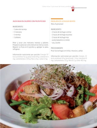 Cómo incluir 5 porciones de frutas y verduras 109
JALEA BAJA EN CALORÍAS CON FRUTA PICADA
INGREDIENTES
• 1 jalea de naranja
• 1 manzana
• 1 naranja
• 1 plátano
Pelar y picar una manzana, naranja y plátano.
Prepararlajaleatalcomoindicanlasinstrucciones.
Repartir la fruta en 6 pocillos y agregar la jalea,
refrigerar.
Información nutricional por porción: Energía 97
kcal; proteínas 9,2 g; grasa total 0,9 g; colesterol 0
mg; carbohidratos 14,9 g; fibra 1,4 g; sodio 0 mg.
ENSALADA DE LECHUGAS MIXTAS
(Para 4 personas)
INGREDIENTES
• 2 tazas de lechuga costina
• 2 tazas de lechuga escarola
• 2 tazas de lechuga roja
• aceto balsámico o limón
• sal y aceite
PROCEDIMIENTO
Picar las lechugas en tiritas, mezclar y aliñar.
Información nutricional por porción: Energía 32
kcal; proteínas 0,8 g; grasa total 2,4 g; colesterol 0
mg; carbohidratos 1,5 g; fibra 0,7 g; sodio 403 mg.
 