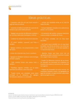 cocina saludable18
REFERENCIAS
Zacarías I, González D. Comer verduras y frutas es más fácil de lo que Ud. piensa. Material educativo Proyecto OPS/CDC/ILSI, 2007.
Zacarías I. González D.INTA, Universidad de Chile. Higiene y Manipulación de los Alimentos.
Centers for Disease Control and Prevention. http://www.cdc.gov/
• Comenzar cada día con una fruta natural o
jugo de fruta sin azúcar.
• Aumentar al doble el tamaño de la porción de
verduras que come habitualmente.
• Agregar una porción de diferentes verduras a
las comidas habituales: berenjena o brócoli.
• Comprar las verduras y frutas de la estación.
• Al sentir hambre, consumir una fruta o
verdura.
• Agregar verduras a las preparaciones a base
de huevo.
• Llevar de colación una fruta o verdura.
• Agregue al sándwich verduras como lechuga,
tomate o pepino.
• Cada semana incluir una nueva fruta o
verdura.
• Planifique algunas comidas con un plato
principal de verduras, como una sopa.
• Pruebe comer una ensalada como plato
principal en el almuerzo. No agregue
demasiados aderezos a la ensalada.
• Incluya una ensalada verde en la cena de
todos los días.
• Incluya vegetales trozados en la salsa de las
pastas o en la lasaña.
• Al momento del postre, consuma manzanas
o peras asadas o ensalada de frutas.
• Las frutas cortadas son un muy buen
bocadillo.
• Las frutas secas también son un muy buen
bocadillo. Son fáciles de llevar y se conservan
bien. Como están secas, ¼ de taza equivale a
½ taza de otras frutas.
	
• Muchas frutas son muy ricas con un
agregado, pruebe consumir una fruta trozada
con yogurt bajo en grasas.
	
• Pruebe las diferentes texturas de las frutas.
Por ejemplo, las manzanas son crujientes; las
bananas son suaves y cremosas y las naranjas
son jugosas.
• Prepare las ensaladas de frutas frescas, con
manzanas, plátanos o peras, con agregados de
jugo de naranjas o el jugo de limón, para evitar
que se pongan oscuras.
Ideas prácticas
 