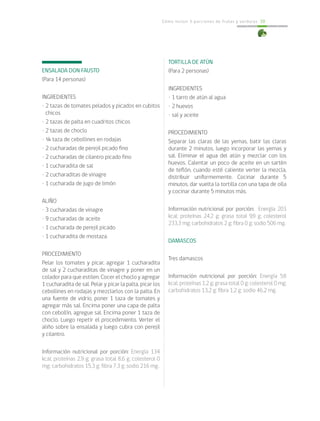 Cómo incluir 5 porciones de frutas y verduras 39
ENSALADA DON FAUSTO
(Para 14 personas)
INGREDIENTES
• 2 tazas de tomates pelados y picados en cubitos
chicos
• 2 tazas de palta en cuadritos chicos
• 2 tazas de choclo
• ¼ taza de cebollines en rodajas
• 2 cucharadas de perejil picado fino
• 2 cucharadas de cilantro picado fino
• 1 cucharadita de sal
• 2 cucharaditas de vinagre
• 1 cucharada de jugo de limón
ALIÑO
• 3 cucharadas de vinagre
• 9 cucharadas de aceite
• 1 cucharada de perejil picado
• 1 cucharadita de mostaza.
PROCEDIMIENTO
Pelar los tomates y picar, agregar 1 cucharadita
de sal y 2 cucharaditas de vinagre y poner en un
colador para que estilen. Cocer el choclo y agregar
1 cucharadita de sal. Pelar y picar la palta, picar los
cebollines en rodajas y mezclarlos con la palta. En
una fuente de vidrio, poner 1 taza de tomates y
agregar más sal. Encima poner una capa de palta
con cebollín, agregue sal. Encima poner 1 taza de
choclo. Luego repetir el procedimiento. Verter el
aliño sobre la ensalada y luego cubra con perejil
y cilantro.
Información nutricional por porción: Energía 134
kcal; proteínas 2,9 g; grasa total 8,6 g; colesterol 0
mg; carbohidratos 15,3 g; fibra 7,3 g; sodio 216 mg.
TORTILLA DE ATÚN
(Para 2 personas)
INGREDIENTES
• 1 tarro de atún al agua
• 2 huevos
• sal y aceite
PROCEDIMIENTO
Separar las claras de las yemas, batir las claras
durante 2 minutos, luego incorporar las yemas y
sal. Eliminar el agua del atún y mezclar con los
huevos. Calentar un poco de aceite en un sartén
de teflón, cuando esté caliente verter la mezcla,
distribuir uniformemente. Cocinar durante 5
minutos, dar vuelta la tortilla con una tapa de olla
y cocinar durante 5 minutos más.
Información nutricional por porción: Energía 203
kcal; proteínas 24,2 g; grasa total 9,9 g; colesterol
233,3 mg; carbohidratos 2 g; fibra 0 g; sodio 506 mg.
DAMASCOS
Tres damascos
Información nutricional por porción: Energía 58
kcal; proteínas 1,2 g; grasa total 0 g; colesterol 0 mg;
carbohidratos 13,2 g; fibra 1,2 g; sodio 46.2 mg.
 