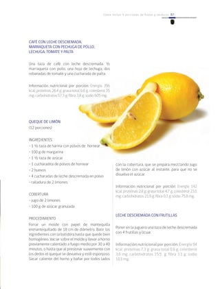87Cómo incluir 5 porciones de frutas y verduras 87
CAFÉ CON LECHE DESCREMADA,
MARRAQUETA CON PECHUGA DE POLLO,
LECHUGA, TOMATE Y PALTA
Una taza de café con leche descremada. ½
marraqueta con pollo, una hoja de lechuga, dos
rebanadas de tomate y una cucharada de palta.
Información nutricional por porción: Energía 396
kcal; proteínas 26,4 g; grasa total 6,6 g; colesterol 35
mg; carbohidratos 57,3 g; fibra 3,8 g; sodio 605 mg.
QUEQUE DE LIMÓN
(12 porciones)
INGREDIENTES
• 1 ½ taza de harina con polvos de hornear
• 100 g de margarina
• 1 ½ taza de azúcar
• 1 cucharadita de polvos de hornear
• 2 huevos
• 4 cucharadas de leche descremada en polvo
• ralladura de 2 limones
COBERTURA
• jugo de 2 limones
• 100 g de azúcar granulada
PROCEDIMIENTO
Forrar un molde con papel de mantequilla
enmantequillado de 18 cm de diámetro. Batir los
ingredientes con la batidora hasta que quede bien
homogéneo. Vaciar sobre el molde y llevar a horno
previamente calentado a fuego medio por 30 a 40
minutos, o hasta que al presionar suavemente con
los dedos el queque se devuelva y esté esponjoso.
Sacar caliente del horno y bañar por todos lados
con la cobertura, que se prepara mezclando jugo
de limón con azúcar al instante, para que no se
disuelva el azúcar.
Información nutricional por porción: Energía 142
kcal; proteínas 2,8 g; grasa total 4,7 g; colesterol 23,1
mg; carbohidratos 21,9 g; fibra 0,3 g; sodio 75,8 mg.
LECHE DESCREMADA CON FRUTILLAS
Poner en la juguera una taza de leche descremada
con 4 frutillas y licuar.
Información nutricional por porción: Energía 94
kcal; proteínas 7,3 g; grasa total 0,6 g; colesterol
3,6 mg; carbohidratos 15,5 g; fibra 3,1 g; sodio
103 mg.
 