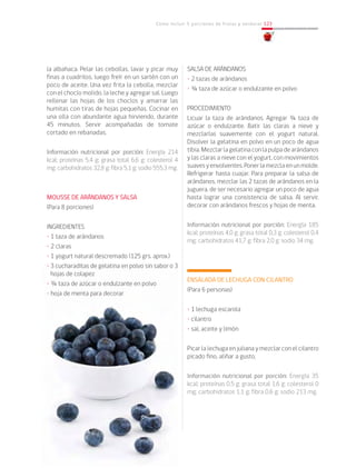 Cómo incluir 5 porciones de frutas y verduras 123
la albahaca. Pelar las cebollas, lavar y picar muy
finas a cuadritos, luego freír en un sartén con un
poco de aceite. Una vez frita la cebolla, mezclar
con el choclo molido, la leche y agregar sal. Luego
rellenar las hojas de los choclos y amarrar las
humitas con tiras de hojas pequeñas. Cocinar en
una olla con abundante agua hirviendo, durante
45 minutos. Servir acompañadas de tomate
cortado en rebanadas.
Información nutricional por porción: Energía 214
kcal; proteínas 5,4 g; grasa total 6,6 g; colesterol 4
mg; carbohidratos 32,8 g; fibra 5,1 g; sodio 555,3 mg.
MOUSSE DE ARÁNDANOS Y SALSA
(Para 8 porciones)
INGREDIENTES
• 1 taza de arándanos
• 2 claras
• 1 yogurt natural descremado (125 grs. aprox.)
• 3 cucharaditas de gelatina en polvo sin sabor o 3
hojas de colapez
• ¾ taza de azúcar o endulzante en polvo
• hoja de menta para decorar
SALSA DE ARÁNDANOS
• 2 tazas de arándanos
• ¾ taza de azúcar o endulzante en polvo
PROCEDIMIENTO
Licuar la taza de arándanos. Agregar ¾ taza de
azúcar o endulzante. Batir las claras a nieve y
mezclarlas suavemente con el yogurt natural.
Disolver la gelatina en polvo en un poco de agua
tibia.Mezclarlagelatinaconlapulpadearándanos
y las claras a nieve con el yogurt, con movimientos
suavesyenvolventes.Ponerlamezclaenunmolde.
Refrigerar hasta cuajar. Para preparar la salsa de
arándanos, mezclar las 2 tazas de arándanos en la
juguera, de ser necesario agregar un poco de agua
hasta lograr una consistencia de salsa. Al servir,
decorar con arándanos frescos y hojas de menta.
Información nutricional por porción: Energía 185
kcal; proteínas 4,0 g; grasa total 0,3 g; colesterol 0,4
mg; carbohidratos 41,7 g; fibra 2,0 g; sodio 34 mg.
ENSALADA DE LECHUGA CON CILANTRO
(Para 6 personas)
• 1 lechuga escarola
• cilantro
• sal, aceite y limón
Picar la lechuga en juliana y mezclar con el cilantro
picado fino, aliñar a gusto.
Información nutricional por porción: Energía 35
kcal; proteínas 0,5 g; grasa total 1,6 g; colesterol 0
mg; carbohidratos 1,1 g; fibra 0,6 g; sodio 213 mg.
 