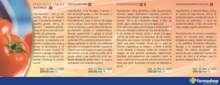 140
17 7,5 1
--- 214
25 10 2
6 240
30 10 2
6 188
15 12 1
5
V E G E T A L E S T I B I O S
SALUDABLES.
Ingredientes: 100 g. de
cebolla, 100 g. de morrón
rojo, 1 berenjena mediana, 1
zapallito grande, 200 g. de
tomates, 1 zanahoria grande,
1hojadelaurel,unaramitade
tomillo,salypimienta.
Procedimiento: lavar y cortar
el morrón, la zanahoria y la
cebolla en juliana fina. Lavar y
cortar la berenjena y el
tomate en cubos. Cocinar 15
minutos y agregar el zapallito.
Salpimentar e incorporar las
hierbas. Continuar la cocción
yservir.
TORTILLADEPAPA.
Ingredientes: ½ Kg. de papa, 4 huevos, 1
cda. de perejil picado, 2 cdas. de aceite, 2
hojasdelaurel, pimientaysal.
Procedimiento: lavar y cocinar las papas
con su cáscara con el laurel. Dejar enfriar,
cortar en láminas y volcar sobre los huevos
previamente batidos y condimentados.
Mezclar suavemente y agregar el perejil
picado.Porotroladocolocarelaceiteenun
sartén de teflón calentar y volcar la mezcla.
Mover agitando la sartén con habilidad
para que no se pegue la tortilla. Cuando se
observe que está cuajada se pone una tapa
por encima y se da vuelta la tortilla. Se le
puede volver a dar vuelta con el fin que
quede dorada de ambos lados. Se sugiere
acompañarconensaladacrujiente.
PIZZADEVEGETALES.
Ingredientes: 150 g. de harina, 2 cdas. de polvo para
hornear, 1 papa, 1 berenjena, 1 zucchini, 1 tomate, 1
morrónverde,8hojasdealbahaca,4cdas.depuréde
tomate, 150 g. de muzzarella rallada, 2 cdas. de
aceite,aguacantidadnecesaria,oréganoysal.
Procedimiento:pelaryhervirlapapa,hacerunpuréy
reservar. Mezclar la harina con el polvo de hornear y
la sal, formar un volcán, verter el aceite y el agua.
Formar un bollo que se despegue de las manos.
Mezclarlo con el puré. Extender la masa bien finita
sobre una placa aceitada. Pintar con el puré de
tomate, espolvorear el orégano y llevar a horno
fuerte durante 3 minutos. Grillar las verduras en
rodajas en una plancha acanalada. Salpimentar.
Distribuir alternadamente los vegetales sobre la
masa. Cubrir con la muzzarella y llevar a horno fuerte
hasta que dore. Acomodar las hojas de albahaca y
servir.
ENSALADADEBROTESDESOJA.
Ingredientes: 3 tomates firmes, 250 g.
de brotes de soja frescos, 100 g. de
aceitunas negras y verdes sin carozo, 4
troncos de palmitos, 1 taza de
zanahoria rallada, 2 cdas. de aceite de
oliva,vinagreagusto,pimientaysal.
Procedimiento: En un bol o ensaladera
poner los tomates bien lavados y
cortados en cubos. Añadir las aceitunas
y los palmitos finamente fileteados.
Agregar a la ensalada la zanahoria
rallada. Por último incorporar los
brotes de soja y aderezar a gusto con
aceite de oliva y el vinagre que se
prefiera.Salpimentar.Servir.
 