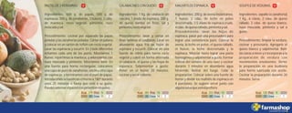 279
40 11 2
5 283
26 14 2
13 253
40 5 2
12 120
25 --- 1
5
PASTELDE3VERDURAS.
Ingredientes: 500 g. de papas, 500 g. de
espinacas, 500 g. de zanahorias, 3 huevos, 3 cdas.
de manteca, rocío vegetal, pimienta, nuez
moscadaysal.
Procedimiento: cocinar por separado las papas
peladas y las zanahorias peladas. Cortar en juliana
y colocar en un sartén de teflón con rocío vegetal.
Lavar las espinacas y escurrir. En 3 bols diferentes
echamos cada uno de los purés. Mezclamos 1
huevo, repartimos la manteca, y aderezamos con
nuez moscada y pimienta. Mezclamos bien. En
una fuente para horno rectangular, colocamos
una capa de puré de zanahorias, encima otra capa
de espinacas, y terminamos con el puré de papas.
Introducimos la fuente en el horno a 180º durante
unos 25 minutos o hasta que esté a su gusto.
Puedesadornarelpastelconpimentónenpolvo.
CALABACINESCONQUESO.
Ingredientes: 1 Kg. de calabacín sin
cáscara, 1 atado de espinaca, 200 g.
de queso dambo en fetas, sal y
pimienta,rocíovegetal.
Procedimiento: lavar y cortar en
finas laminas el calabacín. Lavar en
abundante agua fría las hojas de
espinaca y escurrir. Colocar en una
fuente de vidrio para horno rocío
vegetal y cubrir en forma alternada
el calabacín, el queso y las hojas de
espinaca. Salpimentar a gusto.
Poner en el horno 20 minutos,
cocinaryservircaliente.
MALFATISDEESPINACA.
Ingredientes: 200 g. de avena instantánea,
1 huevo, 2 cdas. de leche en polvo
descremada, 1/2 atado de espinaca cruda,
4cdas.dequesorallado,pimientaysal.
Procedimiento: lavar las hojas de
espinaca, pasar por una procesadora para
lograr una consistencia puré. Colocar la
avena, la leche en polvo, el queso rallado,
el huevo, la leche descremada y la
espinaca. Mezclar hasta lograr una pasta
homogénea y salpimentar a gusto. Formar
esferas del tamaño de una nuez y cocinar
durante 3 minutos en abundante agua
hirviendo. Retirar del fuego. Colar la
preparación. Colocar sobre una fuente de
horno y dividir los malfatis de espinaca en
4 porciones. Se sugiere servir junto con
algunasalsaqueustedprefiera.
SOUFFLÉDEVEDURAS.
Ingredientes: zapallo (o zanahoria)
1 Kg., 6 claras, 2 cdas. de queso
rallado, 2 cdas. de queso blanco,
nuez moscada, pimienta y sal a
gusto.
Procedimiento: limpiar la verdura,
cocinar y procesarla. Agregarle el
queso blanco y salpimentar. Batir
las claras a nieve y e incorporan a la
preparación de verdura con
movimientos envolventes. Verter
la preparación en una budinera
para horno lubricada con aceite.
Cocinar la preparación durante 20
minutos.Servir.
 