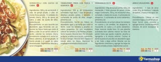 445
62 13 4
20 350
60 7 4
12 258
40 6 2
11 266
40 10 2
4
VERMICHELLI CON QUESO DE
CABRA.
Ingredientes: 300 g. de vermichelli, 2
cdas. de perejil picado, 2 cdas. de
menta fresca picada, 12 unidades de
tomate cherry, 200 g. de queso de
cabra, 2 cdas. de aceite de oliva,
pimientaysal.
Procedimiento: en una cacerola con
abundante agua hirviendo con sal,
cocinar los fideos hasta que estén al
dente y colar. En un sartén colocar el
aceite, calentar los tomates cherry
previamente cortados en 4, verter los
fideos calientes, el perejil picado, la
menta picada y el queso de cabra
desmenuzado.Salpimentar.Mezclary
servirenseguida.
ARROZCONAZAFRÁN.
Ingredientes: 1 taza de arroz
crudo, 50 g. de manteca, 1 cápsula
deazafrán,2tazasy¼deagua.Sal.
Procedimiento: Colocar en una
cacerola el agua, el azafrán y la sal.
Dejar hervir unos minutos y
agregar el arroz. Cocinar durante 8
minutos. Al servir incorporar la
manteca.
ENSALADADEPASTA.
Ingredientes: ½ Kg. de tomate perita, 100 g. de
muzzarella, 2 fetas gruesas de jamón cocido
magro Centenario, 250 g. de mostachol chico
semolado, 2 atados de rúcula, 2 cucharadas de
alcaparras, 3 cucharadas de aceto balsámico,
pimientaysal.
Procedimiento: en un bol colocar los tomates
en cuartos y sin semillas, las alcaparras, la
muzzarella en cubos y el aceto balsámico.
Dejar macerar media hora. En una plancha
acanalada bien caliente marcar las fetas de
jamón hasta que quede crujiente, picarlos y
agregarlos a la mezcla anterior. Cocinar al
dente la pasta en una olla con abundante agua
y sal. Colar y dejar enfriar. Mezclar con los
ingredientes anteriores y agregar las hojas de
rúculacortadasamano.Salpimentaryservir.
TIRABUZONES FRIOS CON PEREJIL Y
ALBAHACA.
Ingredientes: 300 g. de tirabuzones
semolados trigo duro, 1 taza de perejil y
albahaca picados juntos, 2 tomates, 2
cucharadas de aceite de oliva, vinagre,
pimientaysal.
Procedimiento: hervir los fideos en
abundante agua y sal hasta que estén al
dente. Lavar los tomates y picarlos en
cubos pequeños. En una ensaladera
colocar los tomates y las hierbas picadas.
Verter la pasta. Mezclar bien. Por otro lado
preparar un aliño con el aceite, a pimienta,
la sal y el vinagre. Mezclar bien. Esparcir el
mismo sobre los fideos. Mantener la
ensaladaenlaheladerahastaservir.
 