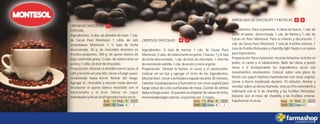CREMADECHOCOLATE
ESPECIAL.
Ingredientes: 3 cdas. de almidón de maíz, 1 cda.
de Cacao Puro Montesol, 1 cdita. de café
instantáneo Montesol, 1 ½ taza de leche
descremada, 30 g. de chocolate dietético en
trocitos pequeños, 200 g. de queso blanco de
bajo contenido graso, 5 cdas. de edulcorante en
polvoy1cdita.delicordechocolate.
Preparación: Mezclar el almidón con el cacao, el
café y la leche en una olla. Llevar a fuego suave,
revolviendo hasta hervir. Retirar del fuego.
Agregar el chocolate y mezclar hasta derretir.
Incorporar el queso blanco mezclado con el
edulcorante y el licor. Volcar en copas
individualesyllevaralrefrigeradorhastaservir.
ARROLLADO DE CHOCOLATE Y FRUTILLAS.
Ingredientes: Para el pionono: 4 claras de huevo, 1 cda. de
leche en polvo descremada, 1 cda. de harina y 1 cda. de
Cacao en Puro Montesol. Para el relleno y decoración: 1
cda. de Cacao Puro Montesol, 1 taza de frutillas enteras, 1
taza de frutilla fileteadas y chantilly light fluido o en polvo
para4porciones.
Preparación: Para el pionono: mezclar la harina, la leche en
polvo, el cacao y el edulcorante. Batir las claras a punto
nieve e ir incorporando los ingredientes secos con
movimientos envolventes. Colocar sobre una placa de
horno con papel manteca humedecido con rocío vegetal.
Llevar a horno moderado durante 10 minutos. Retirar y
enrollar sobre un lienzo húmedo. Una vez frío extenderlo y
rellenarlo con la ½ de chantilly y las frutillas fileteadas.
Decorar con el resto de chantilly y las frutillas enteras.
Espolvorearelcacao.
CREPESDECHOCOLATE.
Ingredientes: ½ taza de harina, 1 cda. de Cacao Puro
Montesol,2cdas.deedulcoranteenpolvo,1huevo,1y¾taza
de leche descremada, 1 cda. de licor de chocolate, 1 chorrito
deesenciadevainilla,1cda.deaceiteyrocíovegetal.
Preparación: Tamizar la harina, el cacao y el edulcorante.
Colocar en un bol y agregar el resto de los ingredientes.
Mezclarbien.Llevara laheladera tapado durante30minutos.
Calentar la panquequera y humedecer con rocío vegetal para
luego volcar de a dos cucharadas de masa. Cocinar de ambos
lados a fuego suave. Se pueden acompañar de salsas de fruta,
mermeladasbajascalorías.Laporciónson 2crepes.
120
15 4 1
8 30
5 0,3 ---
2116
15 4 1
8
 