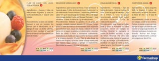324
11 18 1
9 134
25 --- 1
9 100
24 --- 1
--- 80
20 --- 1
---
FLAN DE COCO CON LECHE
DESLACTOSADA.
Ingredientes: 4 huevos, 2 cdas. de
edulcorante en polvo, 3 tazas de
leche deslactosada, 1 taza de coco
rallado.
Procedimiento: se bate con batidor
manual o con un tenedor los
huevos con el edulcorante, se le
agrega el coco y la leche caliente.
Mezclar bien, cocinar a baño de
maría de horno o en microondas sin
bañodemaría.
MOUSSEDEMORASLIGHT.
Ingredientes: para la salsa de moras: 1 taza de moras, ¾
tazas de agua, 1 cdita. de fécula de maíz, 2 sobres de 1 g.
de edulcorante. Para el mousse: 2 sobres de gelatina sin
sabor (14 g.) ½ taza de jugo de naranja, 500 c.c de yogur
descremado batido Frutos del Bosque Parmalat, 1 taza
demoras,2claras,4sobresde1g.deedulcorante.
Procedimiento: hidratar la gelatina en el juego de
naranja y dejarla reposar durante 20 minutos. Luego
poner a baño de maría o al microondas unos segundos
para disolver bien. Licuar las moras, colocar en un bol
junto con el yogur, la gelatina, el edulcorante y mezclar.
Batir las claras a nieve e incorporar suavemente.
Humedecer un molde con agua y verter la mezcla. Llevar
a la heladera durante 4 horas. Para la salsa licuar las
moras con el agua y la fécula. Llevar a fuego suave para
que espese. Dejar enfriar y agregar el edulcorante.
Desmoldarlamousseydecorarconlasalsa.
ENSALADADEFRUTA.
Ingredientes: 1 manzana, 1 taza de
bolitas de melón, 1 taza de frutillas, 16
uvas, ½ taza de jugo de naranja, 1 jugo
de 1 limón, 1 vaso de yogur
descremado batido light sabor
durazno Parmalat, 1cda. de
edulcoranteSucralosa.
Procedimiento: lavar todas las frutas.
Pelar y picar la manzana en cubos
pequeños. Cortar en rodajas las
frutillas. Mezclar la manzana, el
melón, las frutillas, las uvas y el jugo
de limón. Reservar. Por otro lado
realizarunasalsa,mezclarelyogurcon
el jugo de naranja y el edulcorante.
Distribuir en copas de vidrio la fruta,
salsear y servir frío. Decorar con hojas
dementa.
COMPOTADEANANÁ.
Ingredientes: 1 ananá pequeño
(600 g. limpio), 4 cditas. de
edulcorante en polvo Sucralosa,
5 clavos de olor, 1 y ½ taza de
agua.
Procedimiento: cortar el ananá
en rodajas y retirar los centros.
Colocarelananáenunacacerola,
agregar el agua y el clavo de olor.
Cocinar a fuego bajo durante 20
minutos hasta que el ananá este
blando. Retirar del fuego,
agregar el edulcorante y colocar
encompoteras.Servirfrío.
 