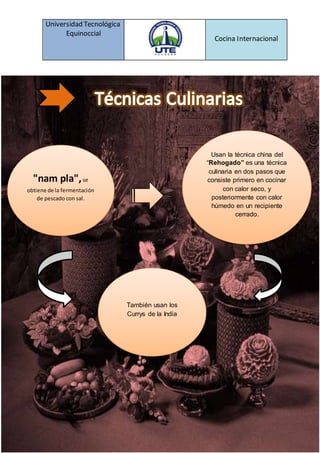 Universidad Tecnológica
Equinoccial
Cocina Internacional
"nam pla",se
obtiene de la fermentación
de pescado con sal.
Usan la técnica china del
“Rehogado” es una técnica
culinaria en dos pasos que
consiste primero en cocinar
con calor seco, y
posteriormente con calor
húmedo en un recipiente
cerrado.
También usan los
Currys de la India
 