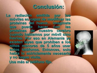 Conclusión: La radiación emitida por los móviles es capaz de modificar las proteínas del huevo... imagínate que puede hacer con las proteínas de nuestro cerebro cuando hablamos por móvil sino freírlas. Por eso en Alemania ya existen leyes que prohíben a los niños menores de 5 años usar estos teléfonos. Entonces, solo habla lo estrictamente necesario y no hagas visita.  Usa más el teléfono fijo. 