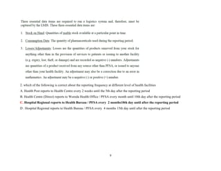 2. which of the following is correct about the reporting frequency at different level of health facilities
A. Health Post reports to Health Centre every 2 weeks until the 5th day after the reporting period
B. Health Centre (Direct) reports to Woreda Health Office / PFSA every month until 10th day after the reporting period
C. Hospital Regional reports to Health Bureau / PFSA every 2 months10th day until after the reporting period
D . Hospital Regional reports to Health Bureau / PFSA every 4 months 15th day until after the reporting period
9
 