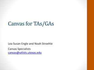 Canvas for TAs
Lea Susan Engle, Noah Stroehle, and William O. Mills IV
Canvas Specialists
canvas@utlists.utexas.edu
canvas.utexas.edu/help
 
