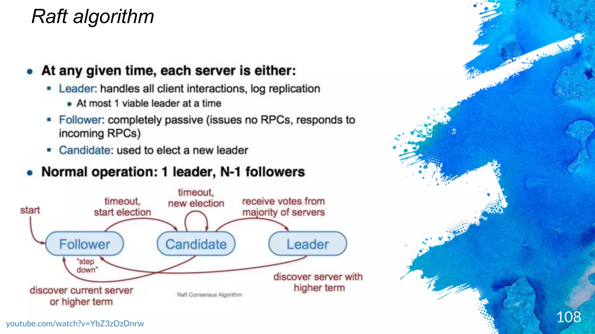 108
Raft algorithm
youtube.com/watch?v=YbZ3zDzDnrw
 