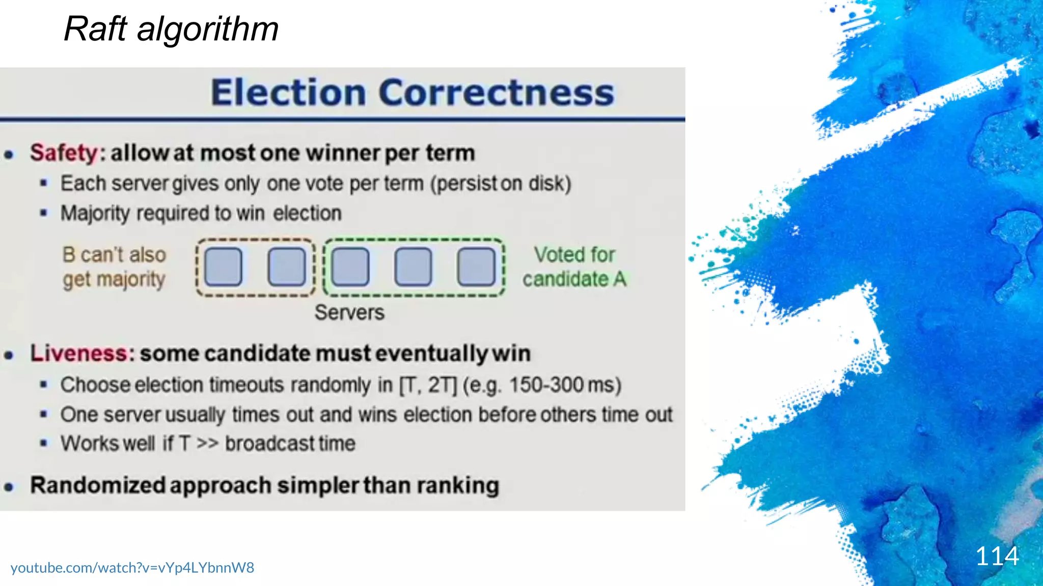 114
Raft algorithm
youtube.com/watch?v=vYp4LYbnnW8
 