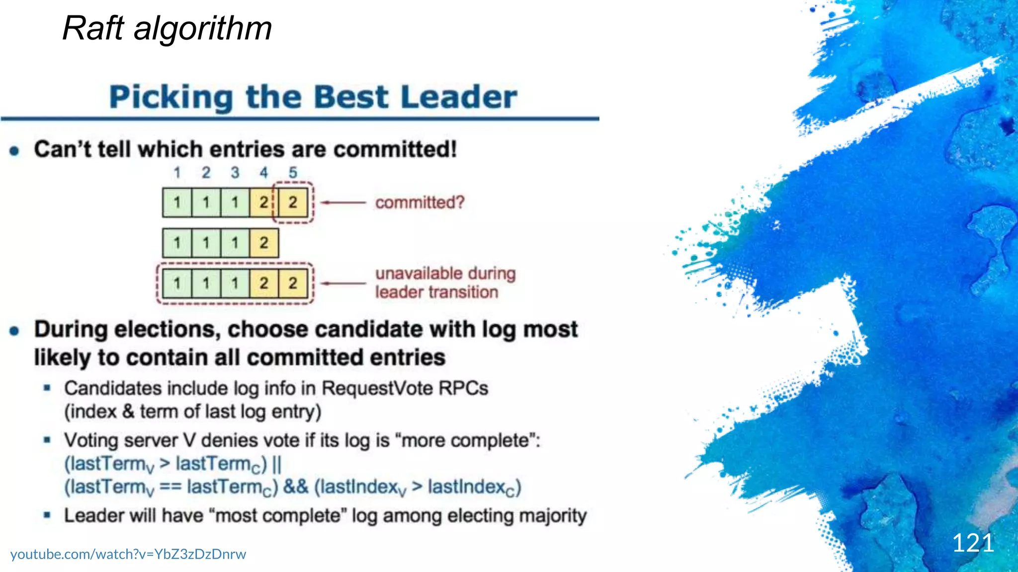 121
Raft algorithm
youtube.com/watch?v=YbZ3zDzDnrw
 