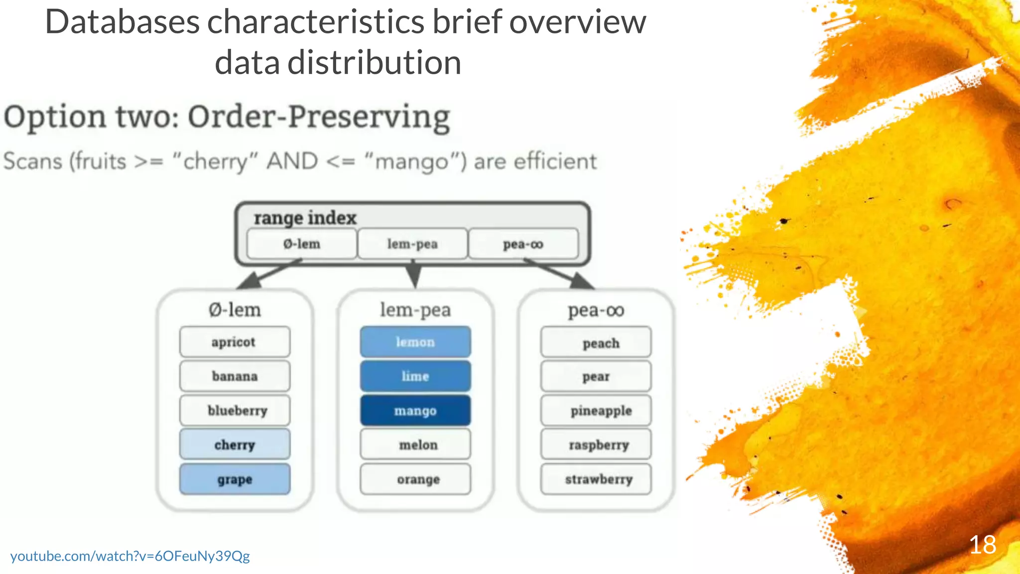 18youtube.com/watch?v=6OFeuNy39Qg
Databases characteristics brief overview
data distribution
 