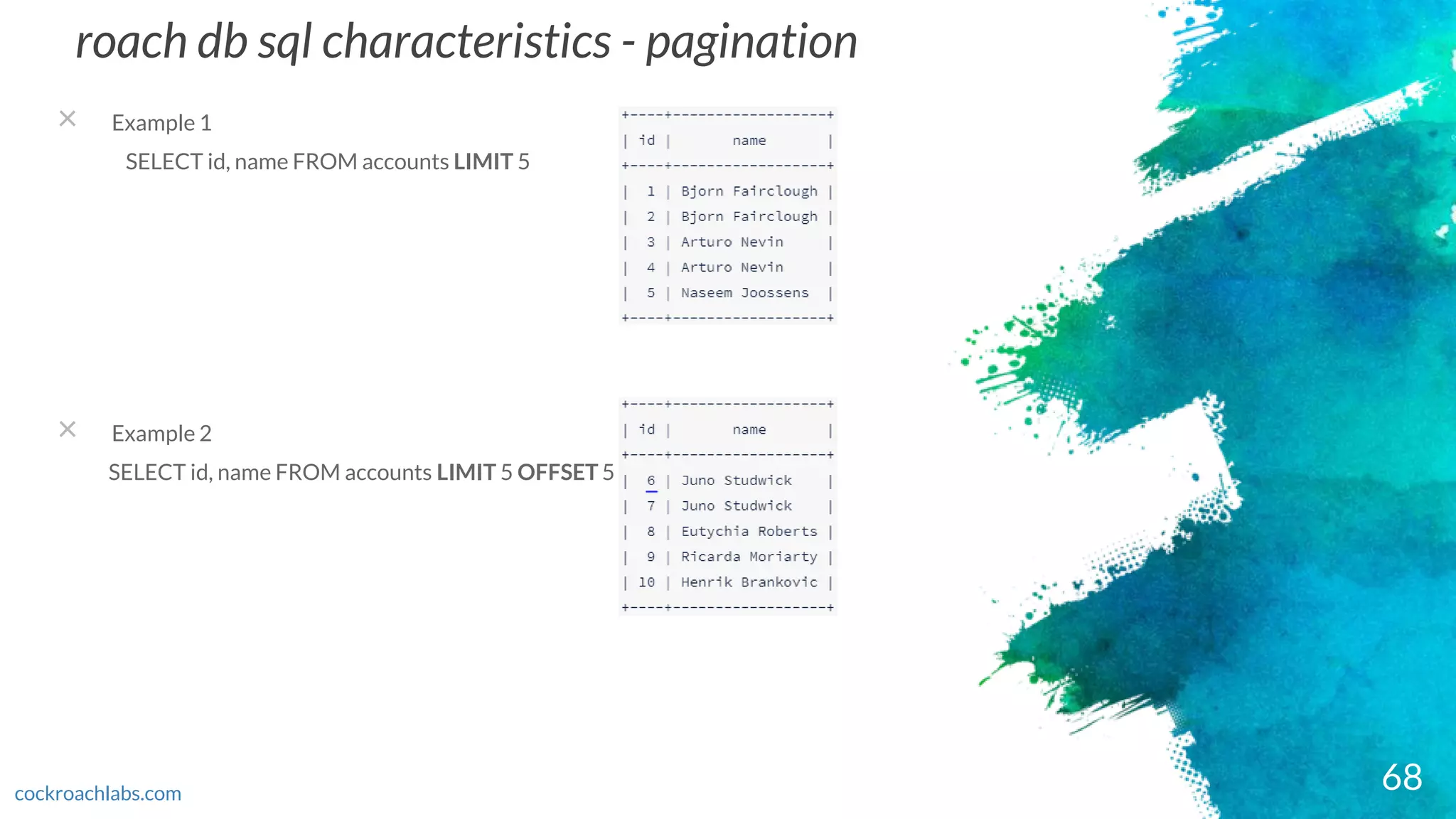 roach db sql characteristics - pagination
× Example 1
SELECT id, name FROM accounts LIMIT 5
× Example 2
SELECT id, name FROM accounts LIMIT 5 OFFSET 5
68cockroachlabs.com
 