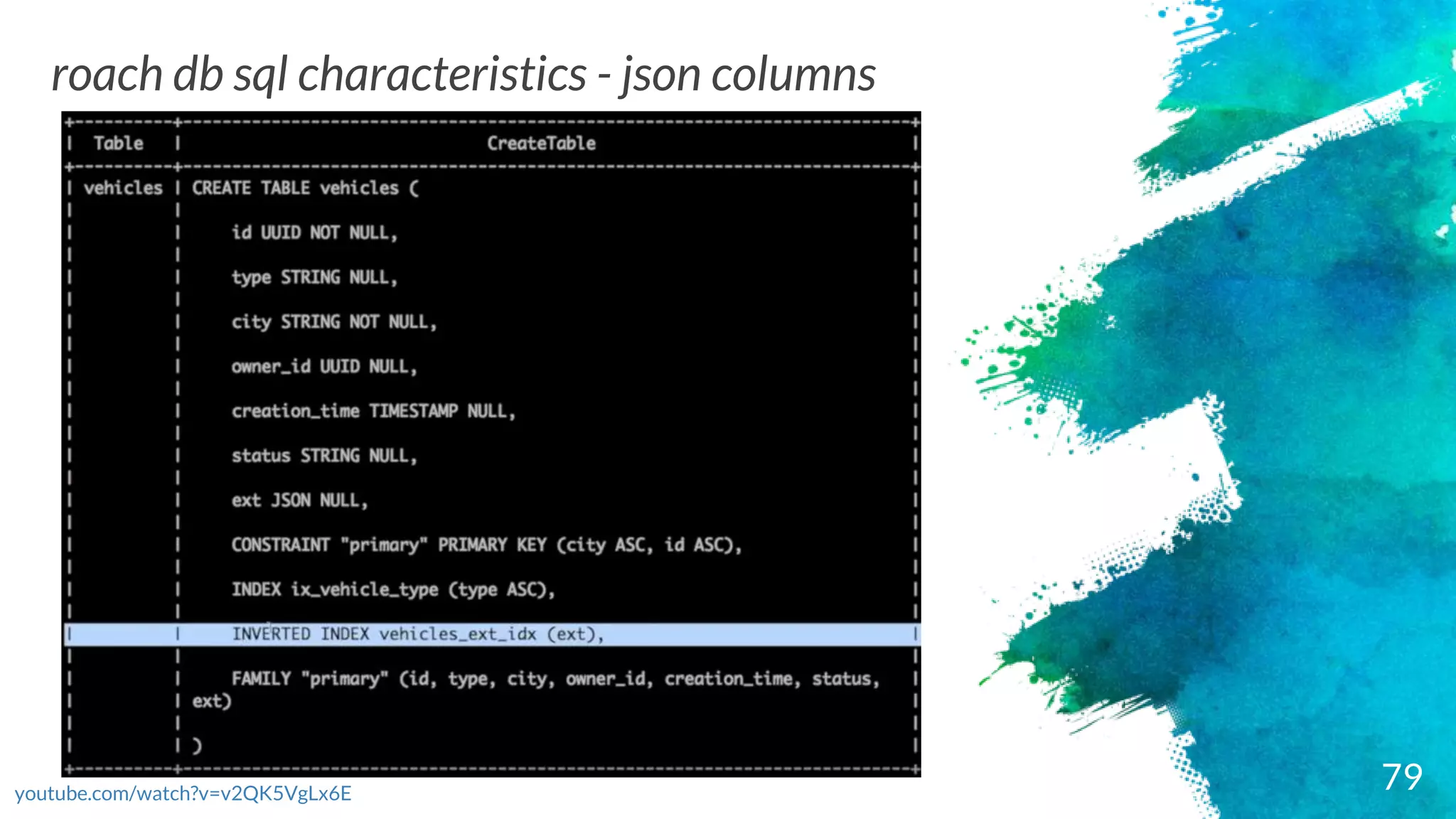 79
roach db sql characteristics - json columns
youtube.com/watch?v=v2QK5VgLx6E
 