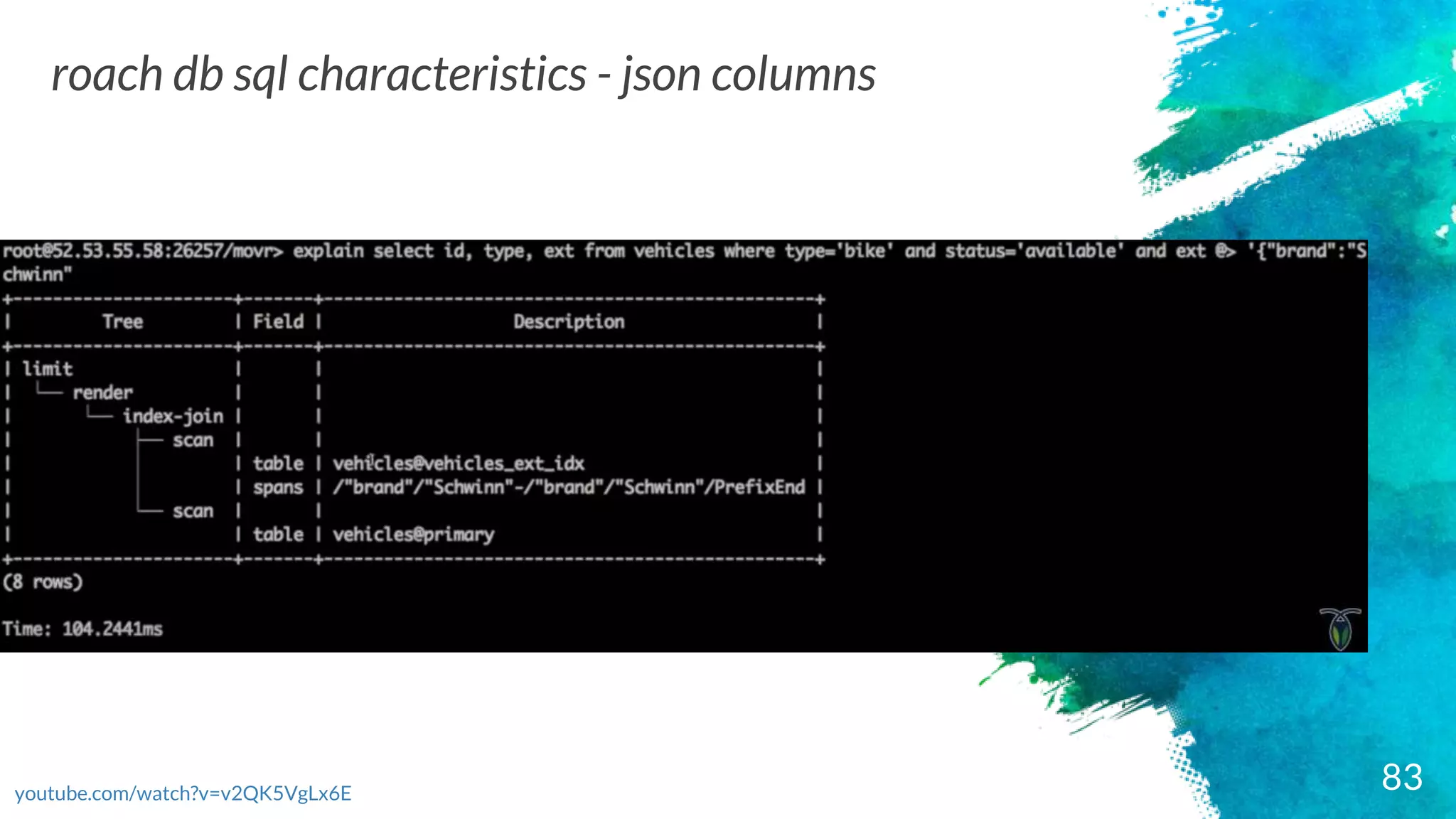 83
roach db sql characteristics - json columns
youtube.com/watch?v=v2QK5VgLx6E
 