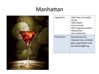 Manhattan
      Ingredients:   •50ml Rye or Canadian
                     whisky
                     •20ml Sweet
                     red vermouth
                     •Dash Angostura bitters
                     •Maraschino
                     cherry (Garnish)
      Preparation:   Stirred over ice,
                     strained into a chilled
                     glass, garnished, and
                     served straight up.
 