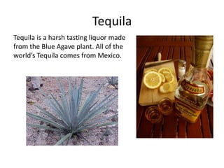 Tequila
Tequila is a harsh tasting liquor made
from the Blue Agave plant. All of the
world’s Tequila comes from Mexico.
 