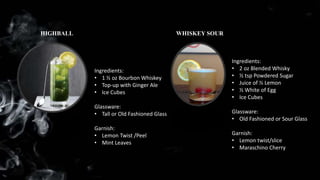 Ingredients:
• 1 ½ oz Bourbon Whiskey
• Top-up with Ginger Ale
• Ice Cubes
Glassware:
• Tall or Old Fashioned Glass
Garnish:
• Lemon Twist /Peel
• Mint Leaves
Ingredients:
• 2 oz Blended Whisky
• ½ tsp Powdered Sugar
• Juice of ½ Lemon
• ½ White of Egg
• Ice Cubes
Glassware:
• Old Fashioned or Sour Glass
Garnish:
• Lemon twist/slice
• Maraschino Cherry
WHISKEY SOUR
HIGHBALL
 