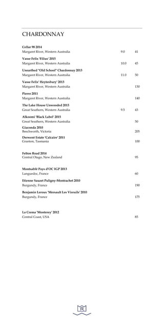 CHARDONNAY
Cellar 98 2014
Margaret River, Western Australia 9.0 41
Vasse Felix 'Filius' 2015
Margaret River, Western Australia 10.0 45
Unearthed "Old School" Chardonnay 2013
Margaret River, Western Australia 11.0 50
Vasse Felix' Heytesbury' 2013
Margaret River, Western Australia 130
Pierro 2011
Margaret River, Western Australia 140
The Lake House Unwooded 2015
Great Southern, Western Australia 9.5 43
Alkoomi 'Black Label' 2015
Great Southern, Western Australia 50
Giaconda 2010
Beechworth, Victoria 205
Derwent Estate 'Calcaire' 2011
Granton, Tasmania 100
Felton Road 2014
Central Otago, New Zealand 95
Montsablé Pays d’OC IGP 2013
Languedoc, France 60
Etienne Sauzet Puligny-Montrachet 2010
Burgundy, France 190
Benjamin Leroux 'Mersault Les Vireuils' 2010
Burgundy, France 175
La Crema 'Monterey' 2012
Central Coast, USA 85
 