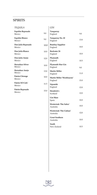 SPIRITS
TEQUILA
Espolòn Reposado
Mexico
Espolòn Blanco
Mexico
Don Julio Reposado
Mexico
Don Julio Blanco
Mexico
Don Julio Anejo
Mexico
Herradura Silver
Mexico
Herradura Anejo
Mexico
Patrón Citronge
Mexico
Patrón XO Cafe`
Mexico
Patrón Reposado
Mexico
9.0
9.0
10.0
10.0
12.0
10.0
13.0
10.0
11.5
15.0
GIN
Tanqueray
England
Tanqueray No. 10
England
Bombay Sapphire
England
Beefeater 24
England
Plymouth
England
Plymouth Sloe Gin
England
Martin Miller
England
Martin Miller 'Westbourne'
England
Sipsmith
England
Hendrick's
Scotland
Gin Mare
Spain
Westwinds 'The Sabre'
Australia
Westwinds 'The Cutlass'
Australia
Great Southern
Australia
South
New Zealand
9.0
13.0
10.0
10.0
10.5
9.0
11.0
15.0
12.0
12.0
10.0
10.0
12.0
10.0
10.5
 