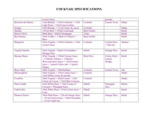 COCKTAIL SPECIFICATIONS 
Lemon Juice powder 
Between the Sheets 15ml Brandy + 15ml Cointreau + 15ml 
Light Rum + 15ml Lime Cordial 
Cocktail Lemon Twist Shake 
Stinger 45ml Brandy + 15 ml Crème de cacao Cocktail Shake 
Shandy 150 ml Beer + 150ml Lemonade Beer Goblet Build 
Black Velvet 80ml Beer + 80ml Champagne Tulip Build 
Beer Buster 30ml Vodka + 1 Dash of Tabasco + 
Beer 
Beer Goblet Build 
Margarita 45ml Tequila + 15ml Cointreau + 15ml 
Lemon Juice 
Cocktail Lemon Slice 
+ Salt rim 
Shaken 
Tequila Sunrise 45ml Tequila + Dash of Grenadine + 
Orange Juice 
Hiball Orange Slice Build 
Bloody Maria 45ml Tequila + 120ml Tomato Juice 
+ 2 Dashes Tabasco + 2 Dashes 
Worcestershire Sauce + 15ml Lemon 
Juice + 1 pinch Celery salt + 1 pinch 
Pepper 
Roly Poly Celery Stick + 
Lemon 
Wedge 
Build 
Brave Bull 30ml Tequila + 30ml Kahlua Cocktail Lemon Twist Stir 
Mockingbird 30ml Tequila + 15ml Lemon Juice + 
15ml White crème de menthe 
Cocktail Shake 
Frostbite 30ml Tequila + 30ml Cream + 15ml 
Crème de Cacao + 15ml Blue Curacao 
Cocktail Shake 
Pina Colada 45ml White Rum + 15ml Cream of 
Coconut + Pineapple Juice 
Hiball Pineapple 
slice 
Blend 
Cuba Libre 45ml White Rum +15ml Lemon Juice + 
Coke 
Hiball Build 
Planters Punch 30ml Dark Rum + 120 ml Orange Juice 
+ 10 ml Lemon Juice + 10ml Grenadine 
+ 10 ml Triple Sec 
Hiball Orange Slice Build 
 