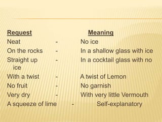 Request Meaning
Neat - No ice
On the rocks - In a shallow glass with ice
Straight up - In a cocktail glass with no
ice
With a twist - A twist of Lemon
No fruit - No garnish
Very dry - With very little Vermouth
A squeeze of lime - Self-explanatory
 