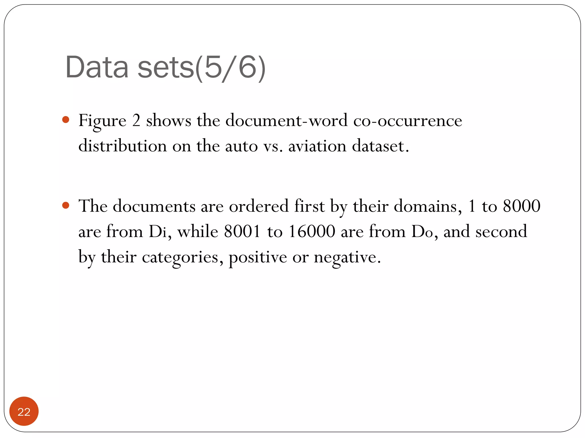 Data sets(5/6)
      Figure 2 shows the document-word co-occurrence
       distribution on the auto vs. aviation dataset.

      The documents are ordered first by their domains, 1 to 8000
       are from Di, while 8001 to 16000 are from Do, and second
       by their categories, positive or negative.




22
 