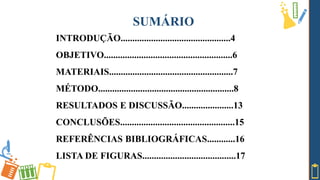 INTRODUÇÃO...............................................4
OBJETIVO.......................................................6
MATERIAIS.....................................................7
MÉTODO..........................................................8
RESULTADOS E DISCUSSÃO......................13
CONCLUSÕES.................................................15
REFERÊNCIAS BIBLIOGRÁFICAS............16
LISTA DE FIGURAS........................................17
SUMÁRIO
 