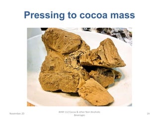 Pressing to cocoa mass
November 20
BHM 112 Cocoa & other Non Alcoholic
Beverages
14
 