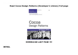 Read Cocoa Design Patterns (Developer's Library) Full page
DONWLOAD LAST PAGE !!!!
DETAIL
Download now : https://ni.pdf-files.xyz/?book=0321535022 by Epub Download Cocoa Design Patterns (Developer's Library) For Android Next time some kid shows up at my door asking for a code review, this is the book that I am going to throw at him. -Aaron Hillegass, founder of Big Nerd Ranch, Inc., and author of Cocoa Programming for Mac OS X Unlocking the Secrets of Cocoa and Its Object-Oriented Frameworks Mac and iPhone developers are often overwhelmed by the breadth and sophistication of the Cocoa frameworks. Although Cocoa is indeed huge, once you understand the object-oriented patterns it uses, you'll find it remarkably elegant, consistent, and simple. Cocoa Design Patterns begins with the mother of all patterns: the Model-View-Controller (MVC) pattern, which is central to all Mac and iPhone development. Encouraged, and in some cases enforced by Apple's tools, it's important to have a firm grasp of MVC right from the start. The book's midsection is a catalog of the essential design patterns you'll encounter in Cocoa, including Fundamental patterns, such as enumerators, accessors, and two-stage creation Patterns that empower, such as singleton, delegates, and the responder chain Patterns that hide complexity, including bundles, class clusters, proxies and forwarding, and controllers And that's not all of them! Cocoa Design Patterns painstakingly isolates 28 design patterns, accompanied with real-world examples and sample code you can apply to your applications today. The book wraps up with coverage of Core Data models, AppKit views, and a chapter on Bindings and Controllers. Cocoa Design Patterns clearly defines the problems each pattern solves with a foundation in Objective-C and the Cocoa frameworks and can be used by any Mac or iPhone developer.
 