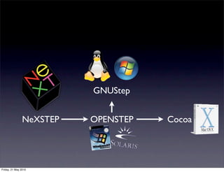 GNUStep


                NeXSTEP   OPENSTEP   Cocoa




Friday, 21 May 2010
 