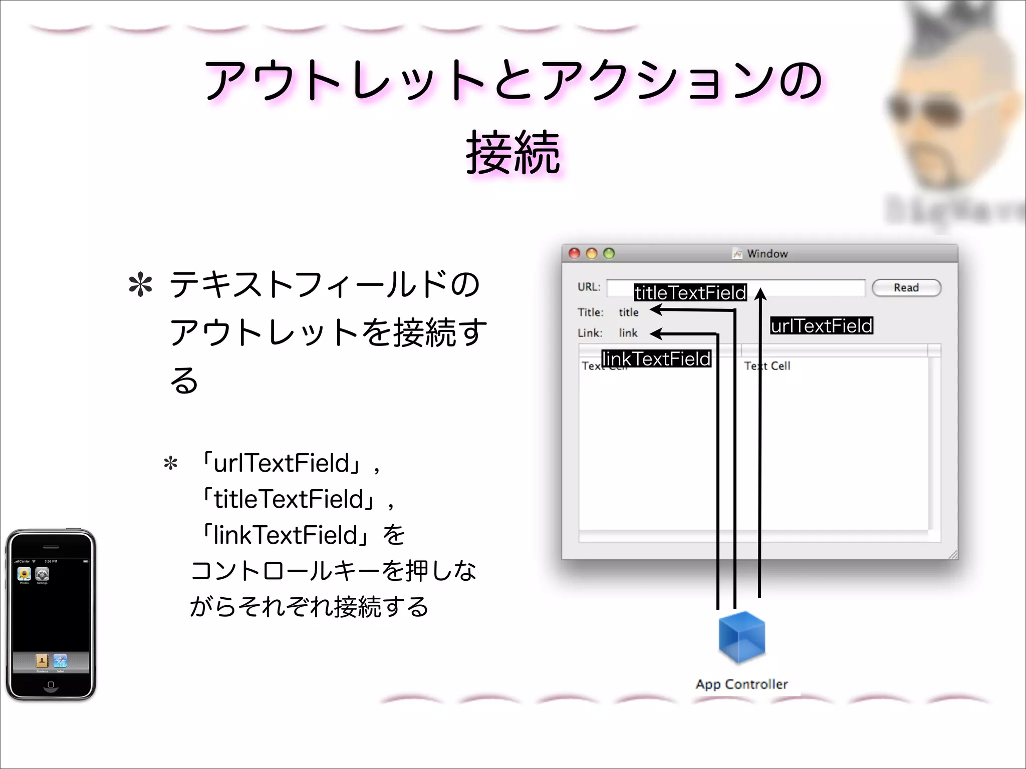 アウトレットとアクションの
      接続

テキストフィールドの             titleTextField

アウトレットを接続す                              urlTextField
                    linkTextField
る

「urlTextField」，
「titleTextField」，
「linkTextField」を
コントロールキーを押しな
がらそれぞれ接続する
 