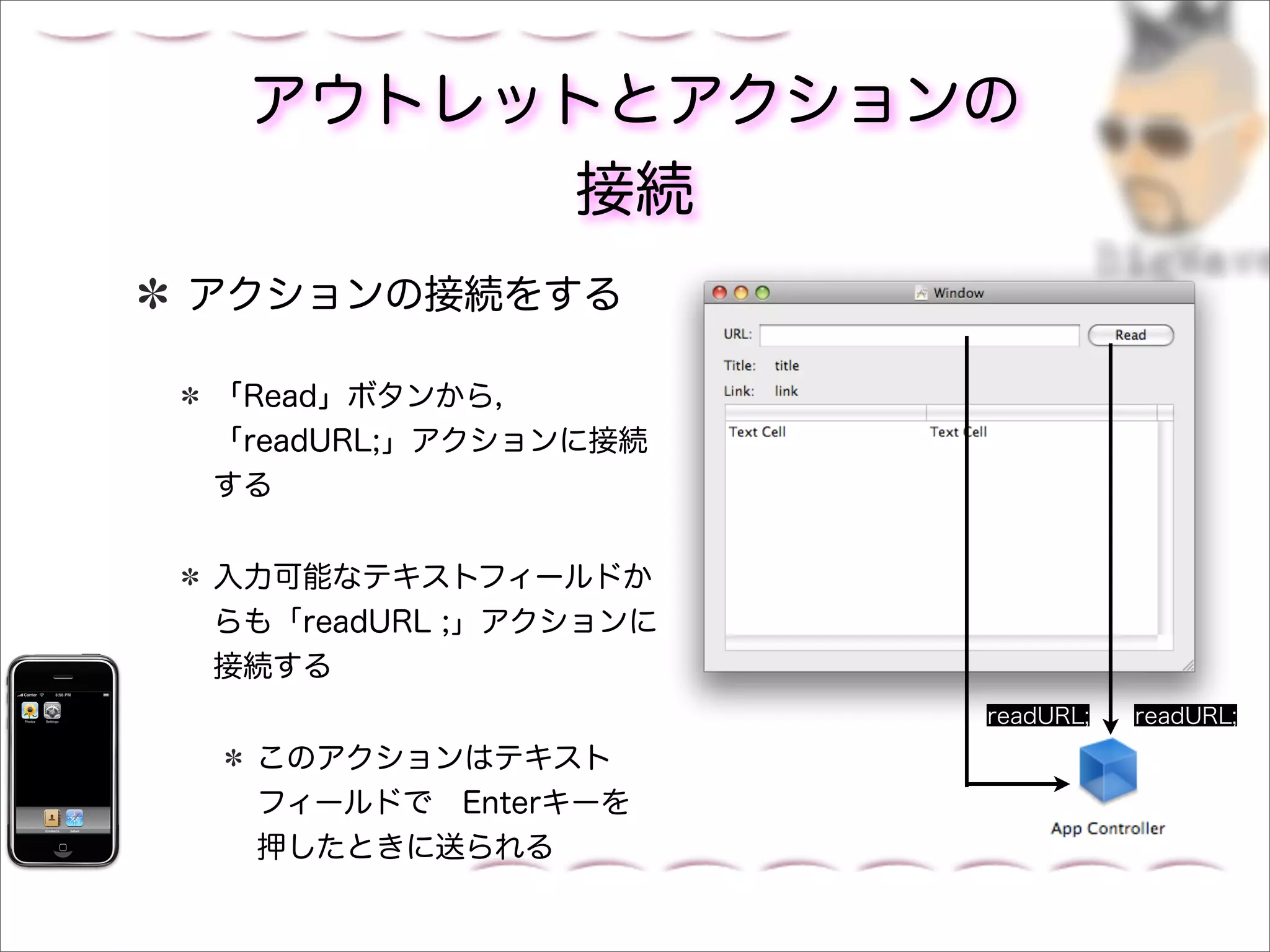 アウトレットとアクションの
      接続
アクションの接続をする

「Read」ボタンから，
「readURL;」アクションに接続
する


入力可能なテキストフィールドか
らも「readURL ;」アクションに
接続する
                      readURL;   readURL;

 このアクションはテキスト
 フィールドで Enterキーを
 押したときに送られる
 