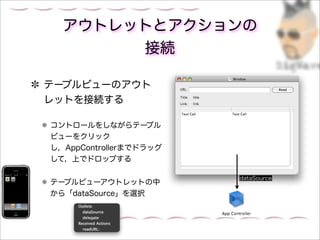アウトレットとアクションの
       接続

テーブルビューのアウト
レットを接続する

コントロールをしながらテーブル
ビューをクリック
し，AppControllerまでドラッグ
して，上でドロップする

                        dataSource
テーブルビューアウトレットの中
から「dataSource」を選択
 