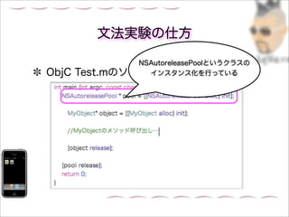 文法実験の仕方

                NSAutoreleasePoolというクラスの
ObjC   Test.mのソースコードを見返してみる
                  インスタンス化を行っている
 