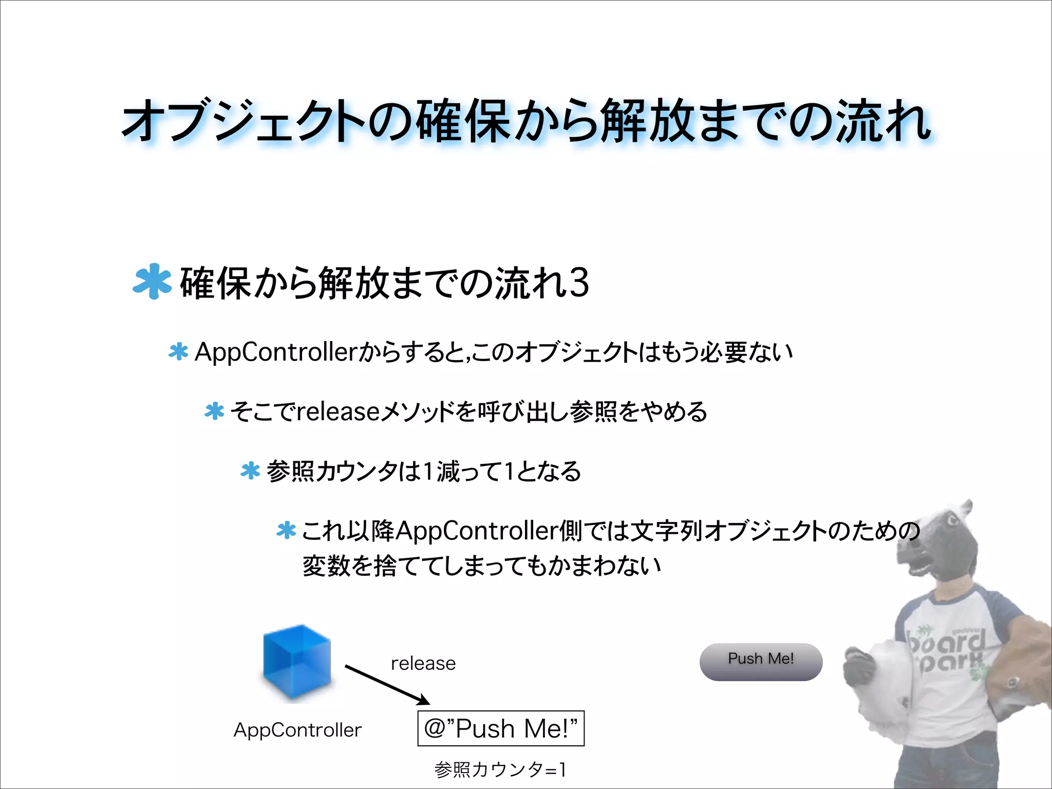 オブジェクトの確保から解放までの流れ
確保から解放までの流れ3
AppControllerからすると，このオブジェクトはもう必要ない
そこでreleaseメソッドを呼び出し参照をやめる
参照カウンタは1減って1となる
これ以降AppController側では文字列オブジェクトのための
変数を捨ててしまってもかまわない
AppController @ Push Me!
release
参照カウンタ=1
Push Me!
 