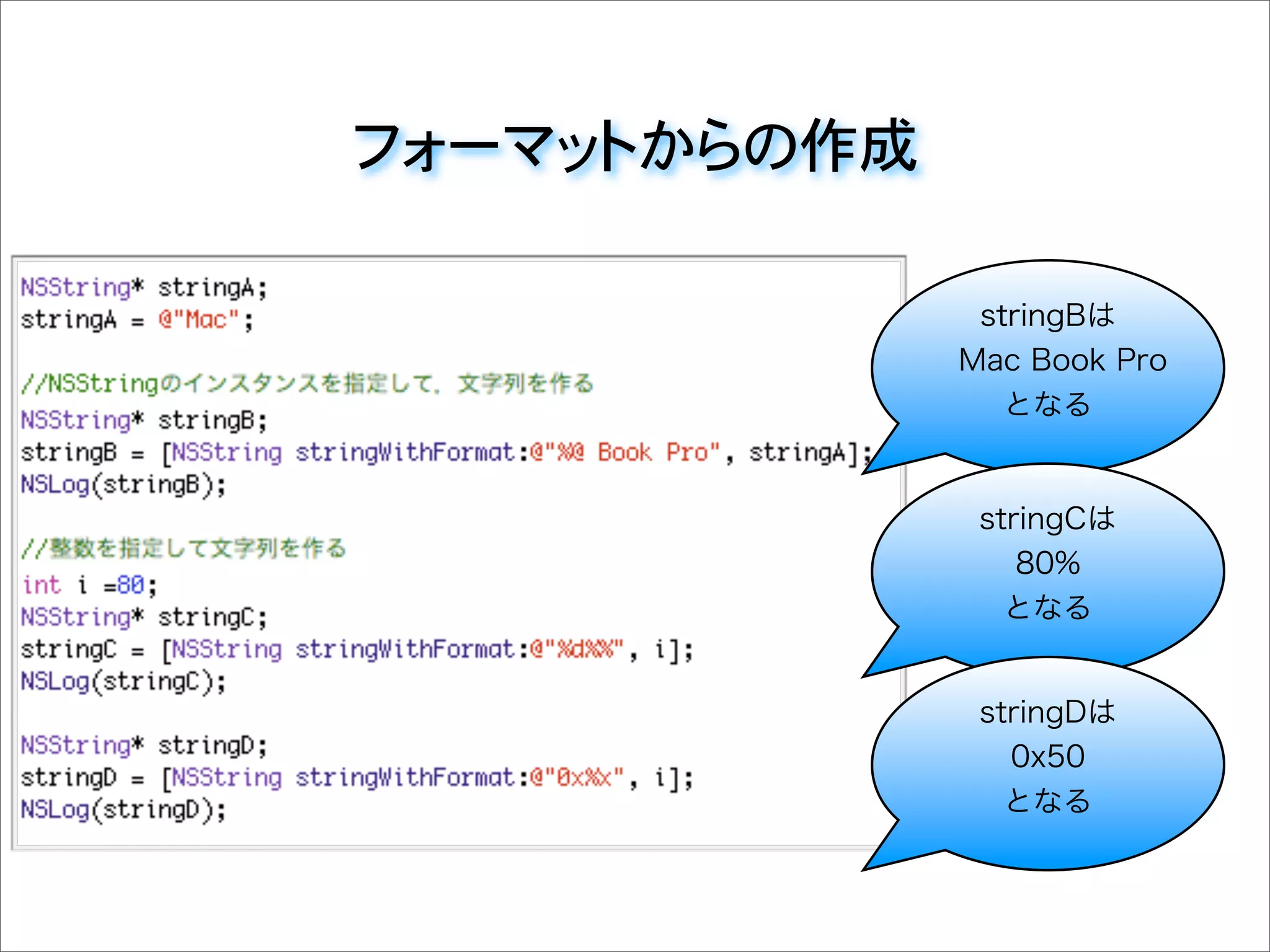 フォーマットからの作成
stringBは
 Mac Book Pro
となる
stringCは
80%
となる
stringDは
0x50
となる
 