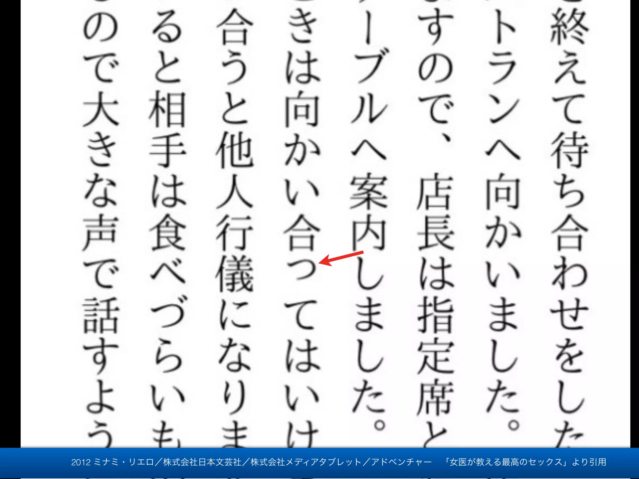 2012 ミナミ・リエロ／株式会社日本文芸社／株式会社メディアタブレット／アドベンチャー 「女医が教える最高のセックス」より引用
 