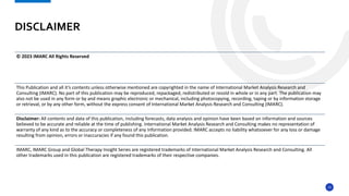 13
DISCLAIMER
© 2023 IMARC All Rights Reserved
This Publication and all it’s contents unless otherwise mentioned are copyrighted in the name of International Market Analysis Research and
Consulting (IMARC). No part of this publication may be reproduced, repackaged, redistributed or resold in whole or in any part. The publication may
also not be used in any form or by and means graphic electronic or mechanical, including photocopying, recording, taping or by information storage
or retrieval, or by any other form, without the express consent of International Market Analysis Research and Consulting (IMARC).
Disclaimer: All contents and data of this publication, including forecasts, data analysis and opinion have been based on information and sources
believed to be accurate and reliable at the time of publishing. International Market Analysis Research and Consulting makes no representation of
warranty of any kind as to the accuracy or completeness of any Information provided. IMARC accepts no liability whatsoever for any loss or damage
resulting from opinion, errors or inaccuracies if any found this publication.
IMARC, IMARC Group and Global Therapy Insight Series are registered trademarks of International Market Analysis Research and Consulting. All
other trademarks used in this publication are registered trademarks of their respective companies.
 
