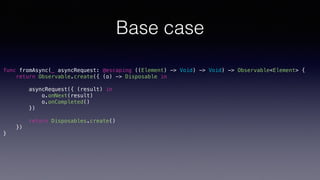 Base case
func fromAsync(_ asyncRequest: @escaping ((Element) -> Void) -> Void) -> Observable<Element> {
return Observable.create({ (o) -> Disposable in
asyncRequest({ (result) in
o.onNext(result)
o.onCompleted()
})
return Disposables.create()
})
}
 