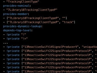 ﬁle .swiftdeps
- "TrackingClientType"
provides-nominal:
- "7Library18TrackingClientTypeP"
provides-member:
- ["7Library18TrackingClientTypeP", ""]
- ["7Library18TrackingClientTypeP", "track"]
provides-dynamic-lookup:
depends-top-level:
- !private "!"
- !private "!="
...
- !private ["13ReactiveSwift14SignalProducerV", "uniqueVal
- !private ["13ReactiveSwift22SignalProducerProtocolP", "c
- !private ["13ReactiveSwift22SignalProducerProtocolP", "c
- !private ["13ReactiveSwift22SignalProducerProtocolP", "d
- !private ["13ReactiveSwift22SignalProducerProtocolP", "f
- !private ["13ReactiveSwift22SignalProducerProtocolP", "k
- !private ["13ReactiveSwift22SignalProducerProtocolP", "m
 