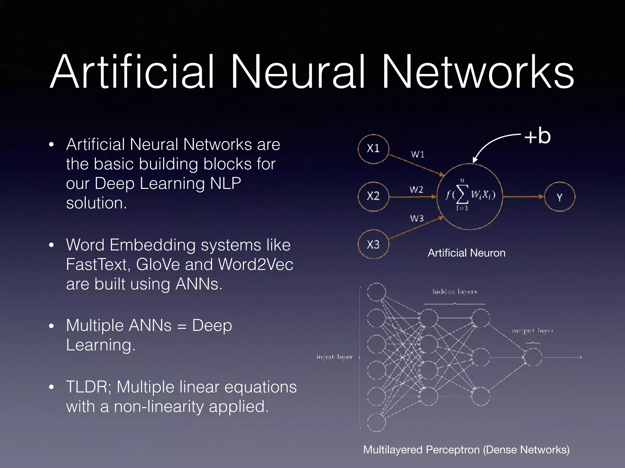 Artiﬁcial Neural Networks
• Artiﬁcial Neural Networks are
the basic building blocks for
our Deep Learning NLP
solution.
• Word Embedding systems like
FastText, GloVe and Word2Vec
are built using ANNs.
• Multiple ANNs = Deep
Learning.
• TLDR; Multiple linear equations
with a non-linearity applied.
Artiﬁcial Neuron
Multilayered Perceptron (Dense Networks)
+b
 