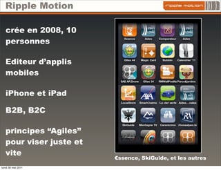 Ripple Motion

   crée en 2008, 10
   personnes

   Editeur d’applis
   mobiles

   iPhone et iPad

   B2B, B2C

   principes “Agiles”
   pour viser juste et
   vite
                         €ssence, SkiGuide, et les autres
lundi 30 mai 2011
 