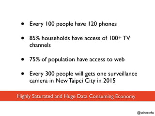 •   Every 100 people have 120 phones

 •   85% households have access of 100+ TV
     channels

 •   75% of population have access to web

 •   Every 300 people will gets one surveillance
     camera in New Taipei City in 2015

Highly Saturated and Huge Data Consuming Economy

                                                   @scheeinfo
 