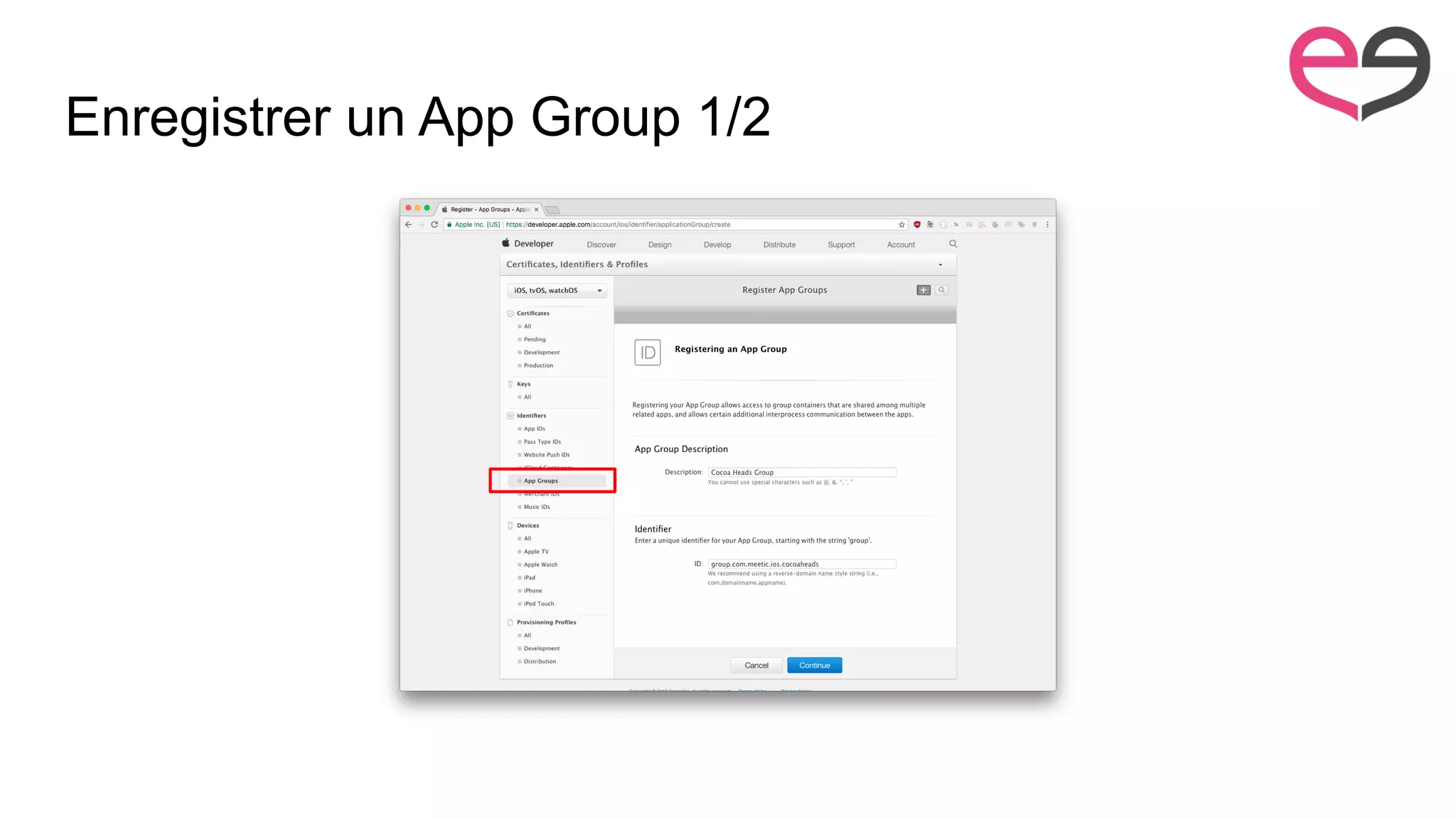 Enregistrer un App Group 1/2
 
