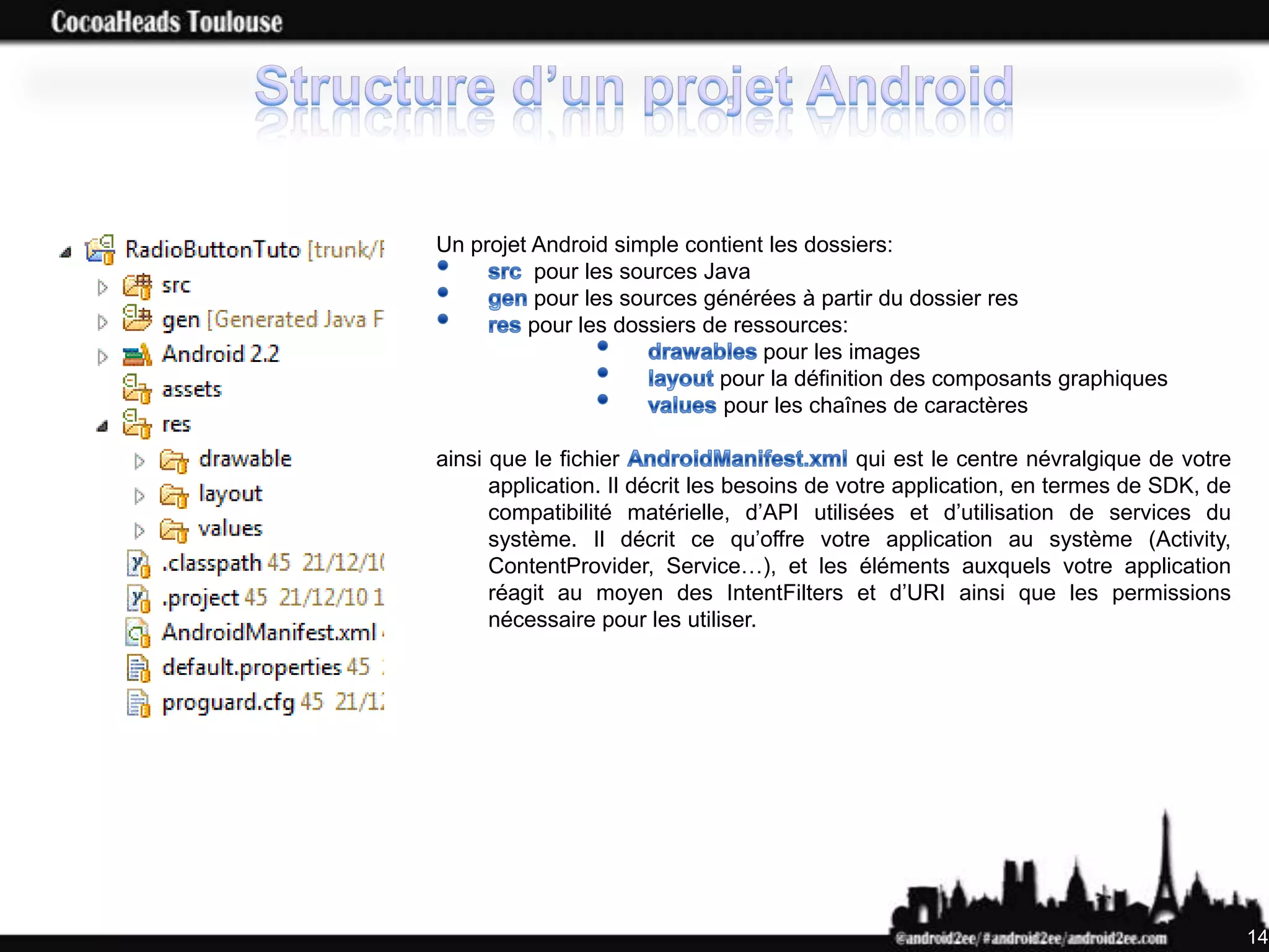 Un projet Android simple contient les dossiers:
          pour les sources Java
          pour les sources générées à partir du dossier res
         pour les dossiers de ressources:
                                 pour les images
                            pour la définition des composants graphiques
                             pour les chaînes de caractères

ainsi que le fichier                          qui est le centre névralgique de votre
      application. Il décrit les besoins de votre application, en termes de SDK, de
      compatibilité matérielle, d’API utilisées et d’utilisation de services du
      système. Il décrit ce qu’offre votre application au système (Activity,
      ContentProvider, Service…), et les éléments auxquels votre application
      réagit au moyen des IntentFilters et d’URI ainsi que les permissions
      nécessaire pour les utiliser.




                                                                                       14
 