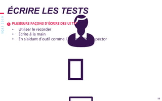 SQLI2019
11
ÉCRIRE LES TESTS
PLUSIEURS FAÇONS D’ÉCRIRE DES UI TESTS
• Utiliser le recorder
• Écrire à la main
• En s’aidant d’outil comme l’Accessibility Inspector
👨
🏻
 
